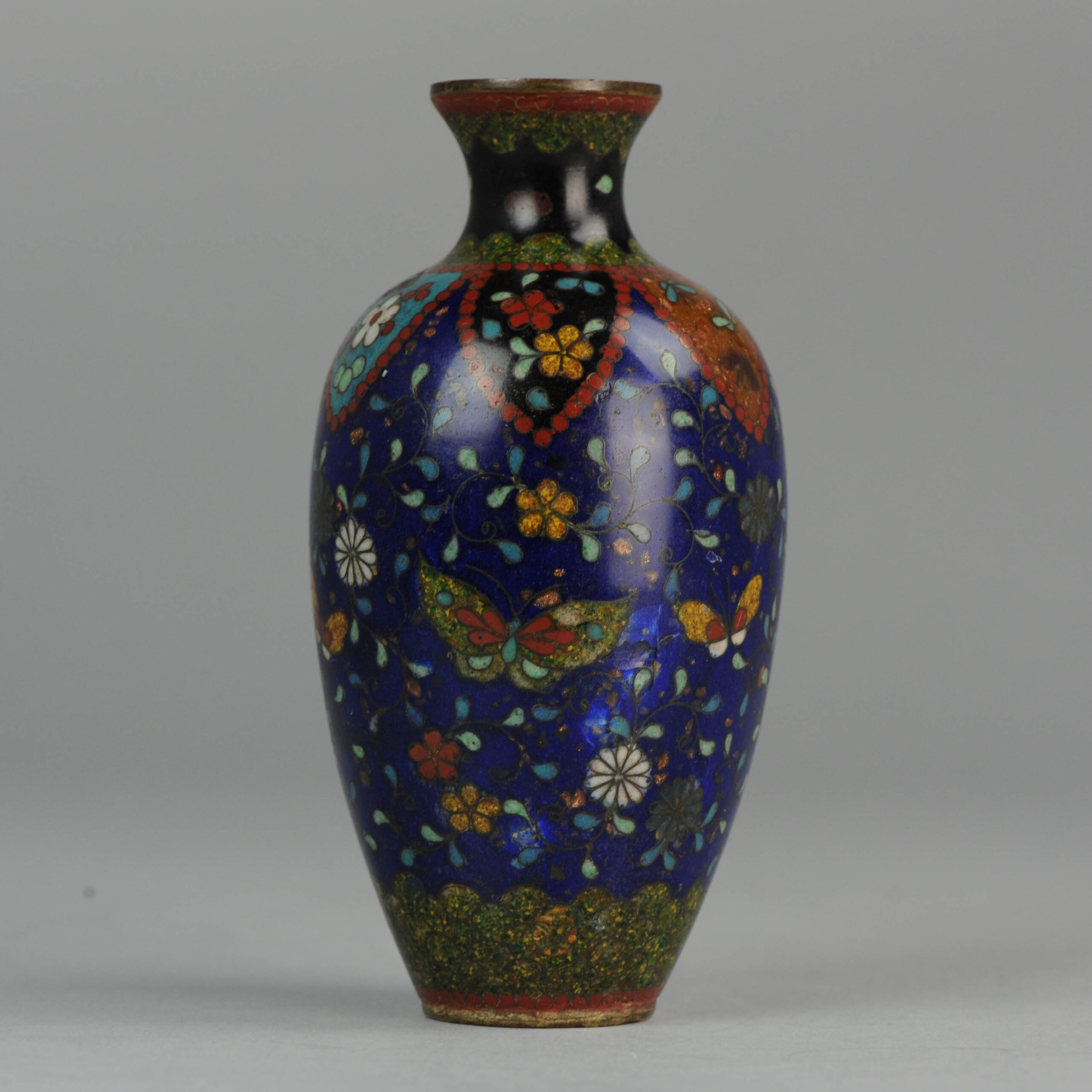 Antique Japanese Bronze Cloisonné 19th c Vase Nice colors Butterflies
