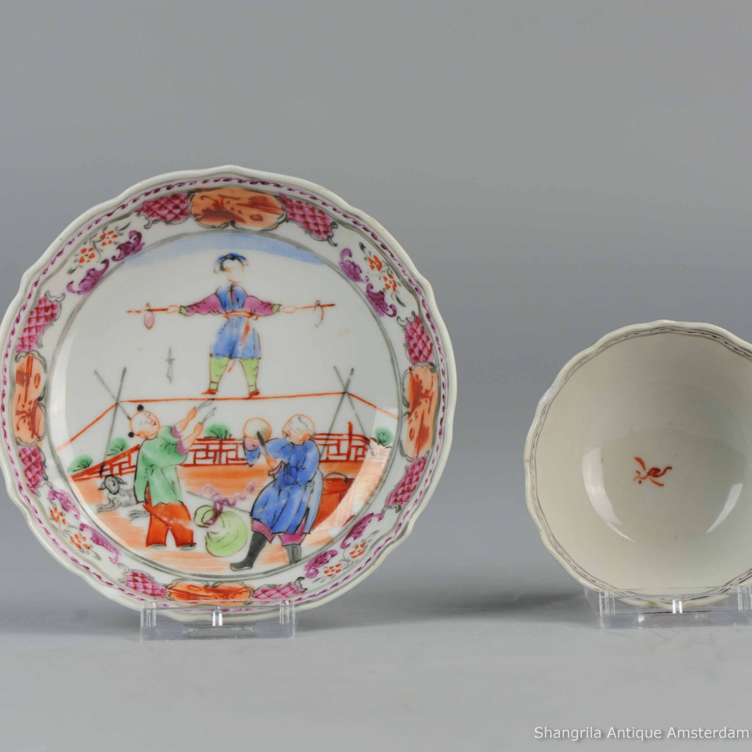 18C Qianlong Chinese Porcelain Cup Saucer ‘Tightrope Walker’