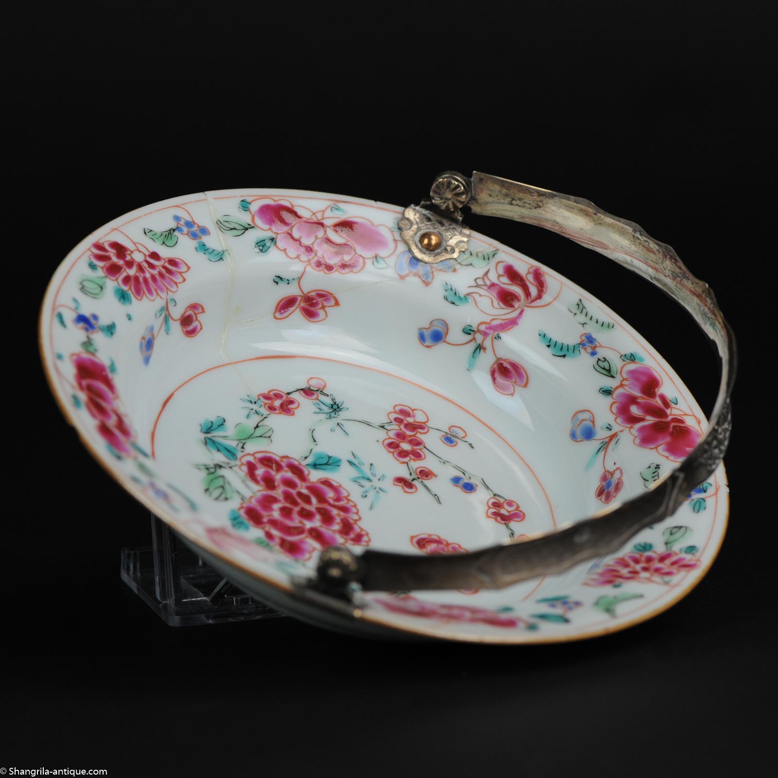 Antique Chinese 18th C Porcelain Porridge Plate Famille Rose Silver Handle Qing
