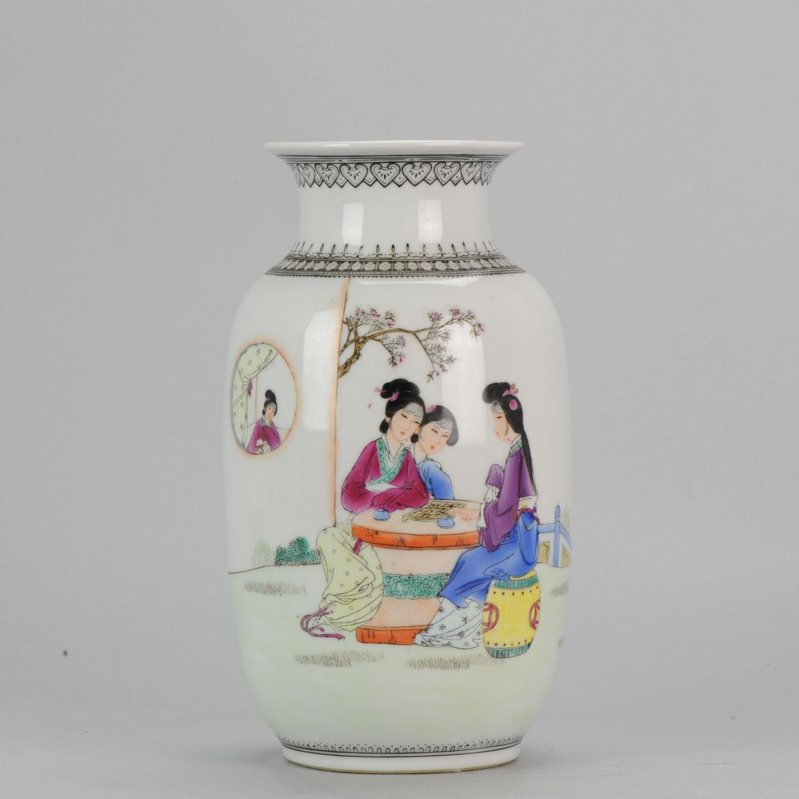 20C PROC Chinese Porcelain Vase Figures Famille Rose Garden. Marked