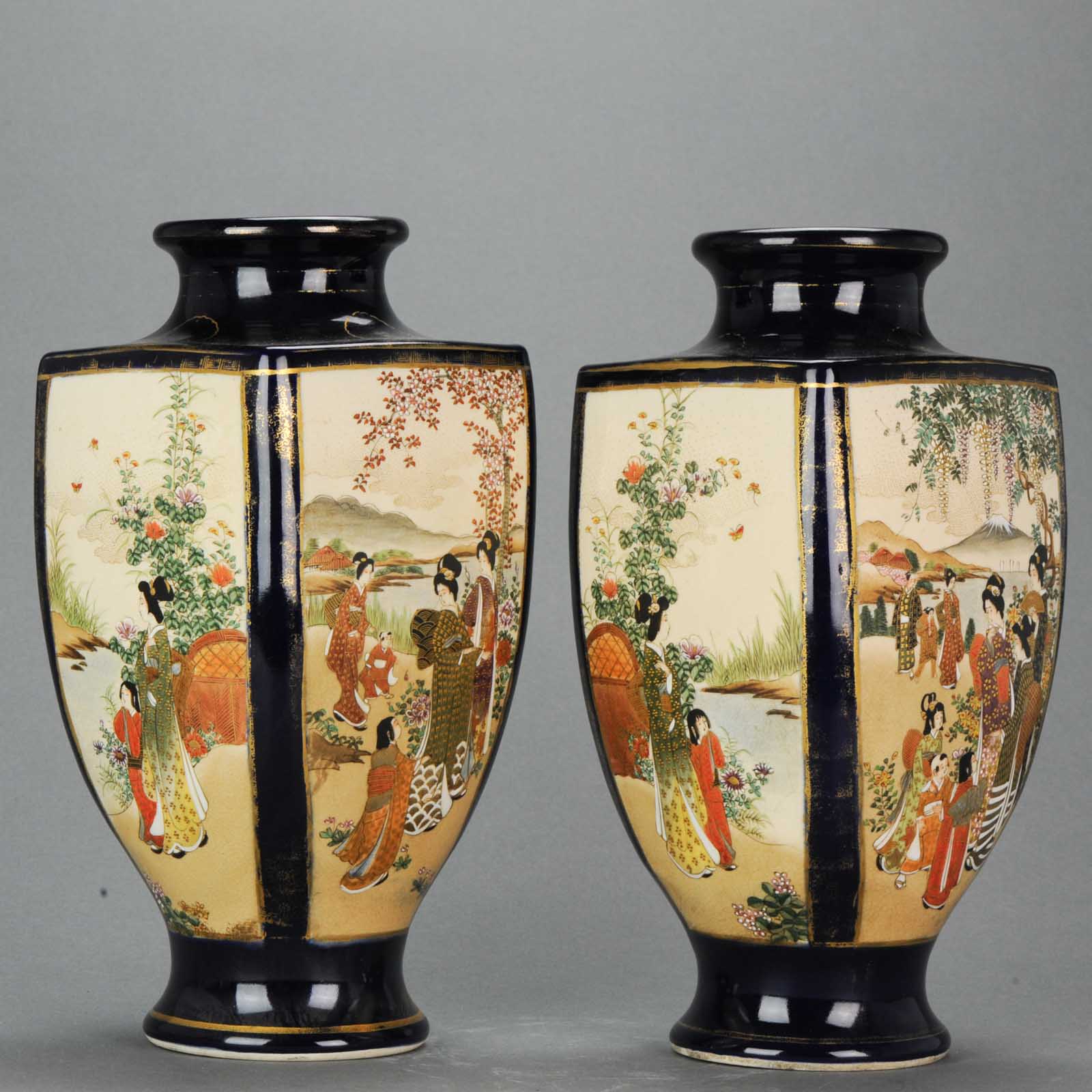 Antique Early 20th C Japanese Satsuma Vase Warriors Figures Decorated Marked Base