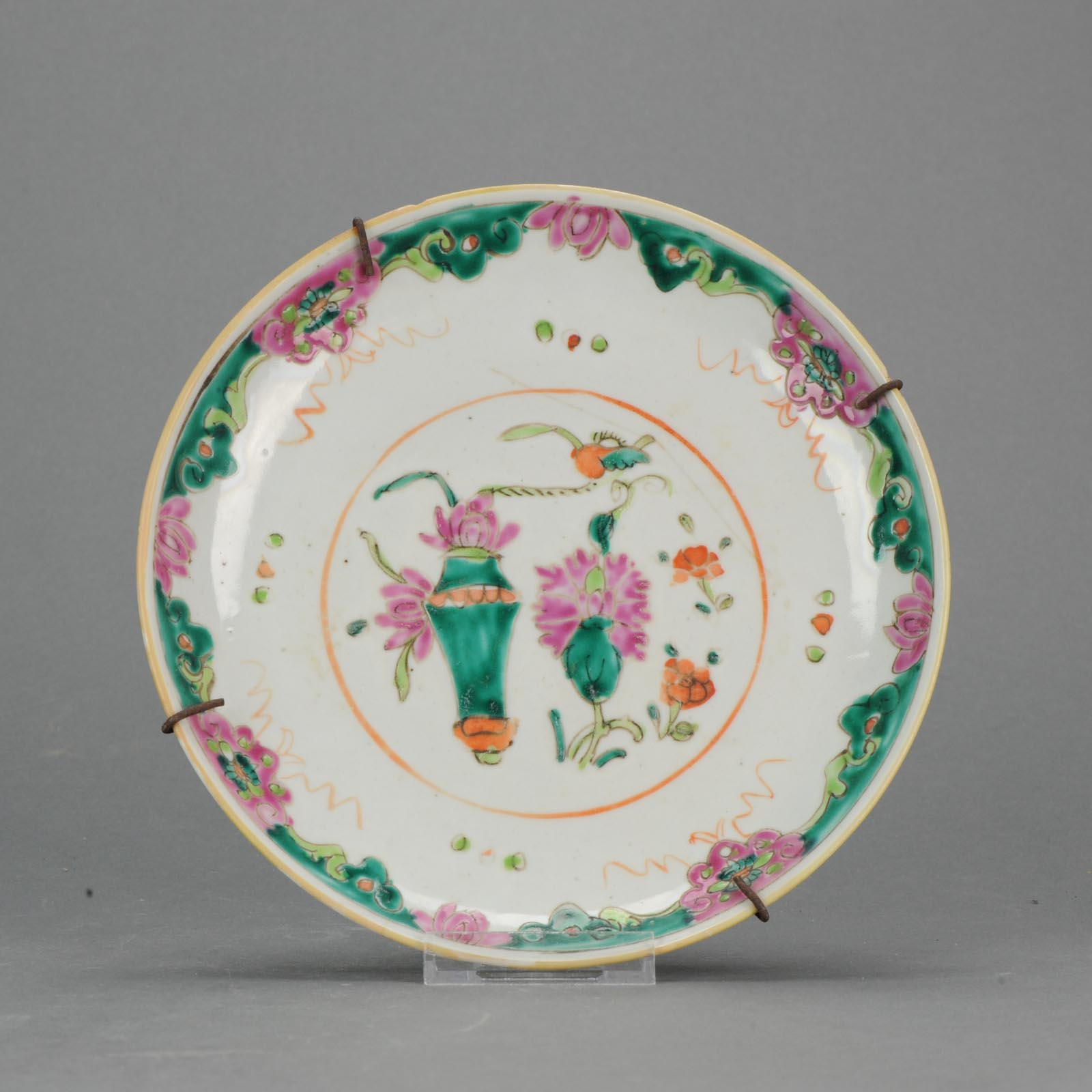 19C Chinese Porcelain Famille Rose Flower Baskets Plate Marked