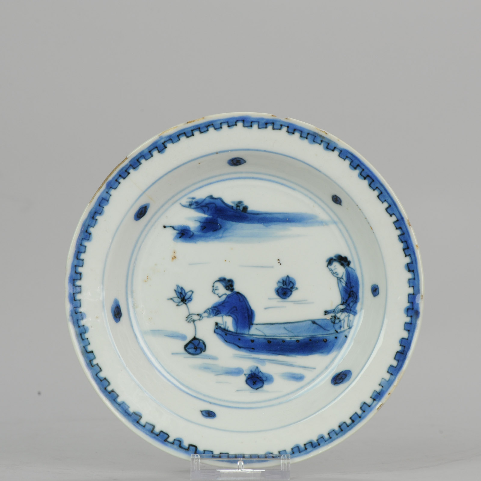 Antique Chinese Porcelain Plate 17th Lotus Fishing Ming Dynasty Tianqi/Chongzhen