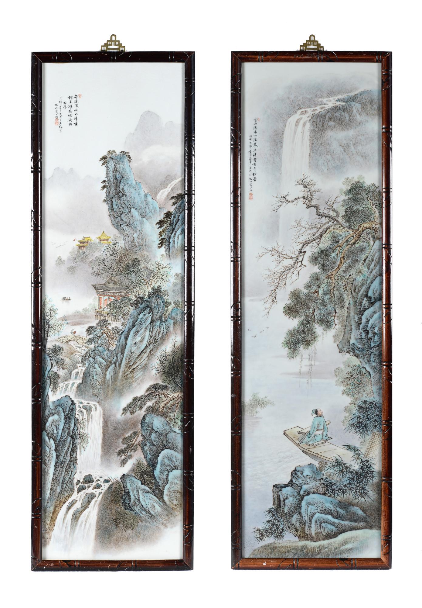 Pair Porcelain plaque Wooden frame Mountain landscape Wang Yeting. Marked. China, 20th century