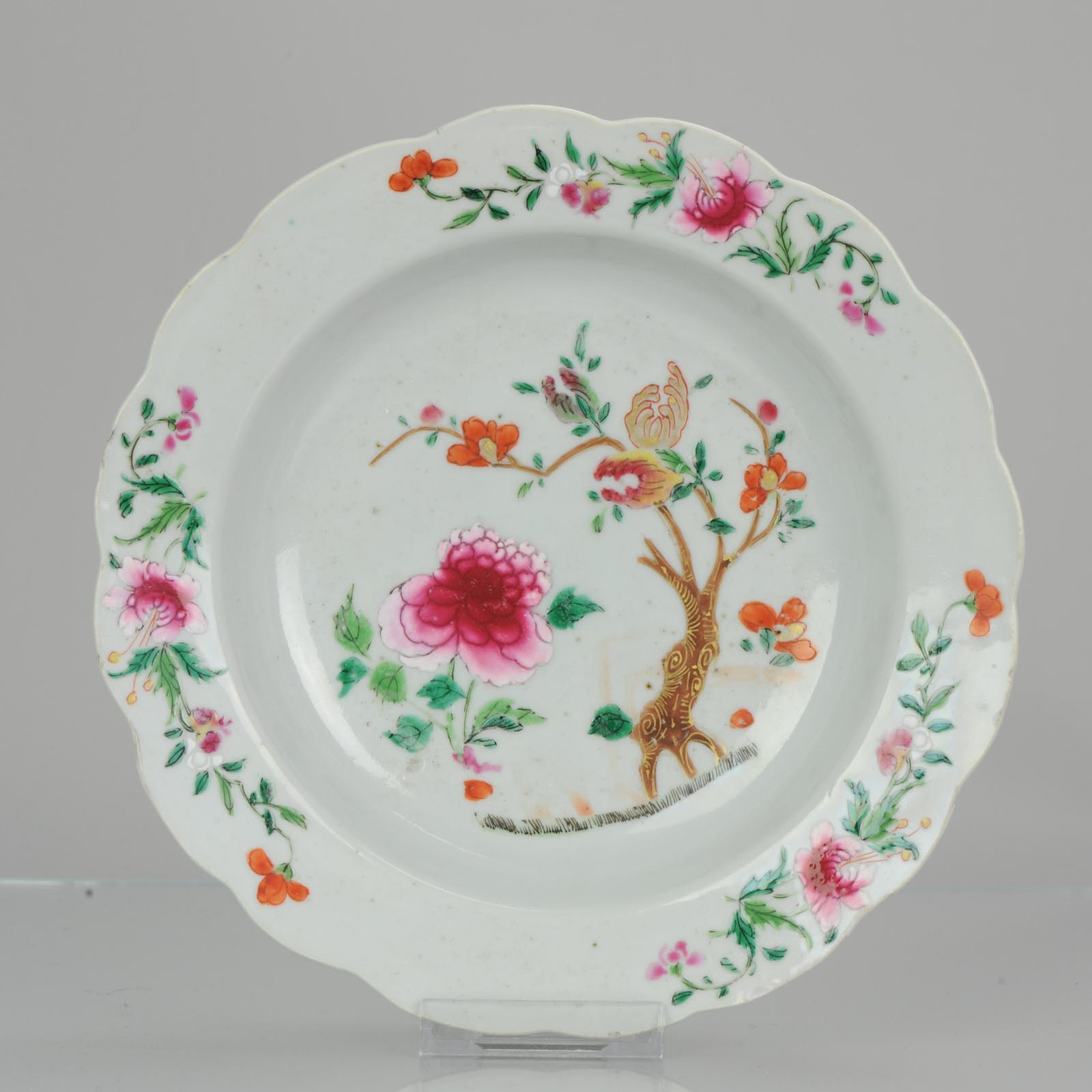 Antique Chinese 18C Qianlong Unusual Famille Rose Plate Tree Enamel