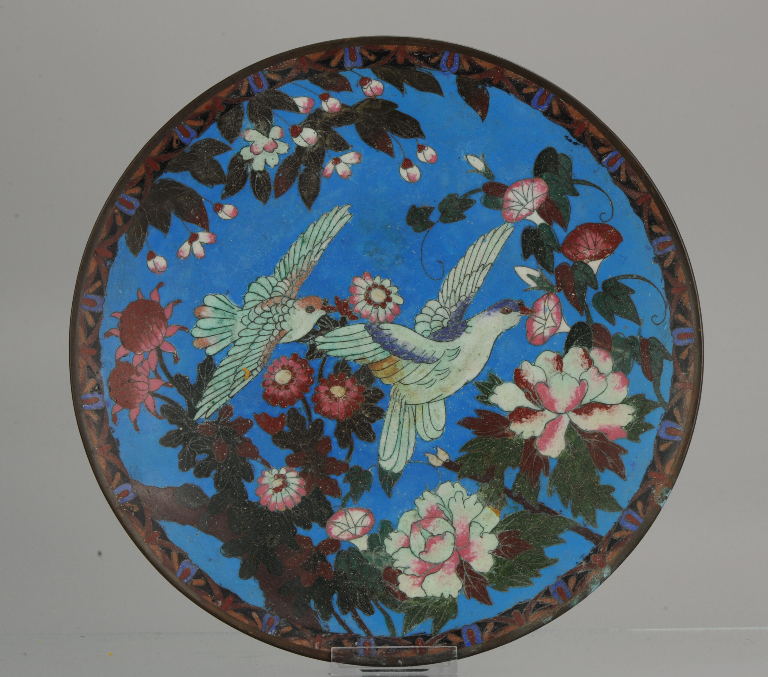 Top and Large Antique Bronze / Copper Cloisonné Dish Plate Japan 19C Birds
