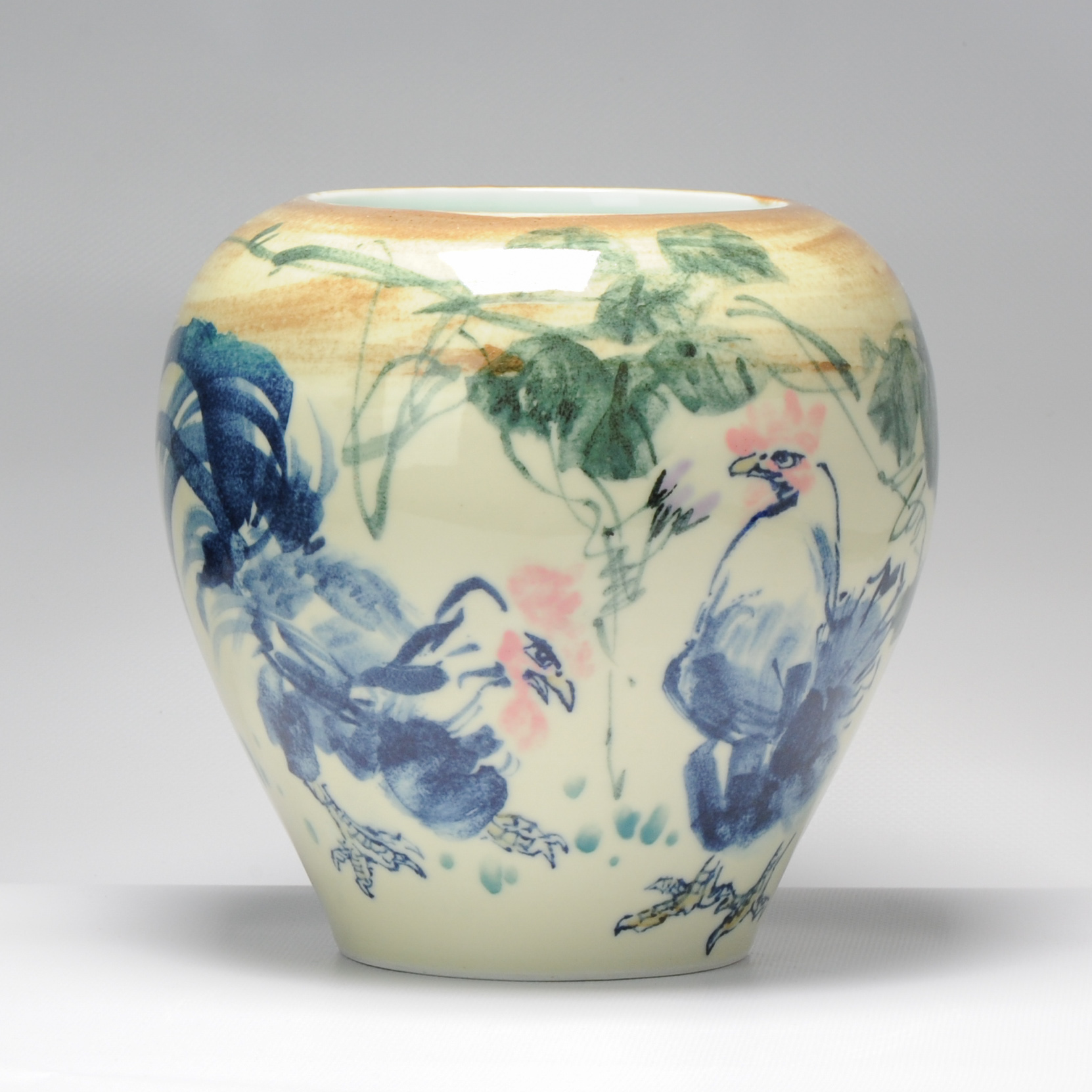 Vintage 20C Chinese porcelain PROC Liling Jardiniere China Rooster Underglaze