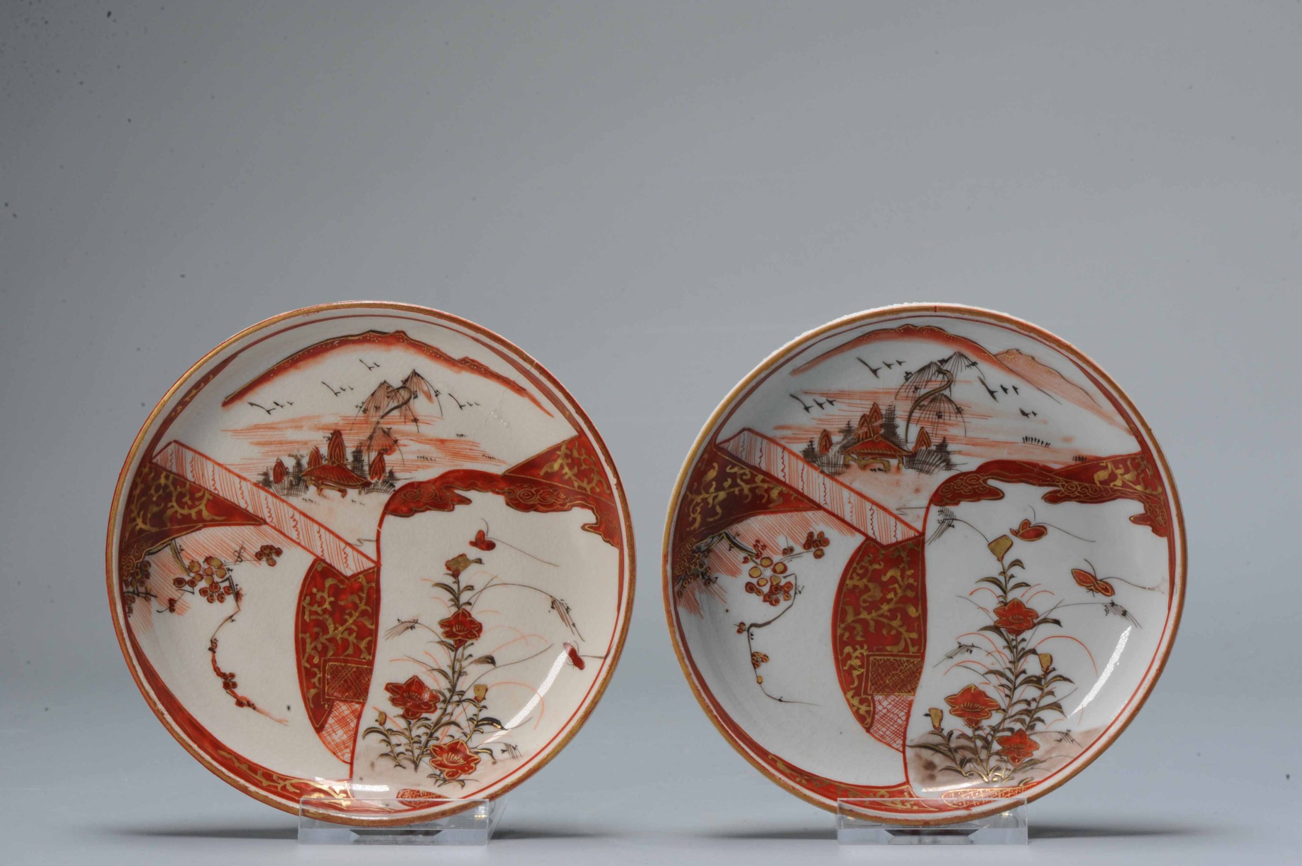 Antique Meiji period Japanese Akae kutani plates with flower mark Japan 19th c