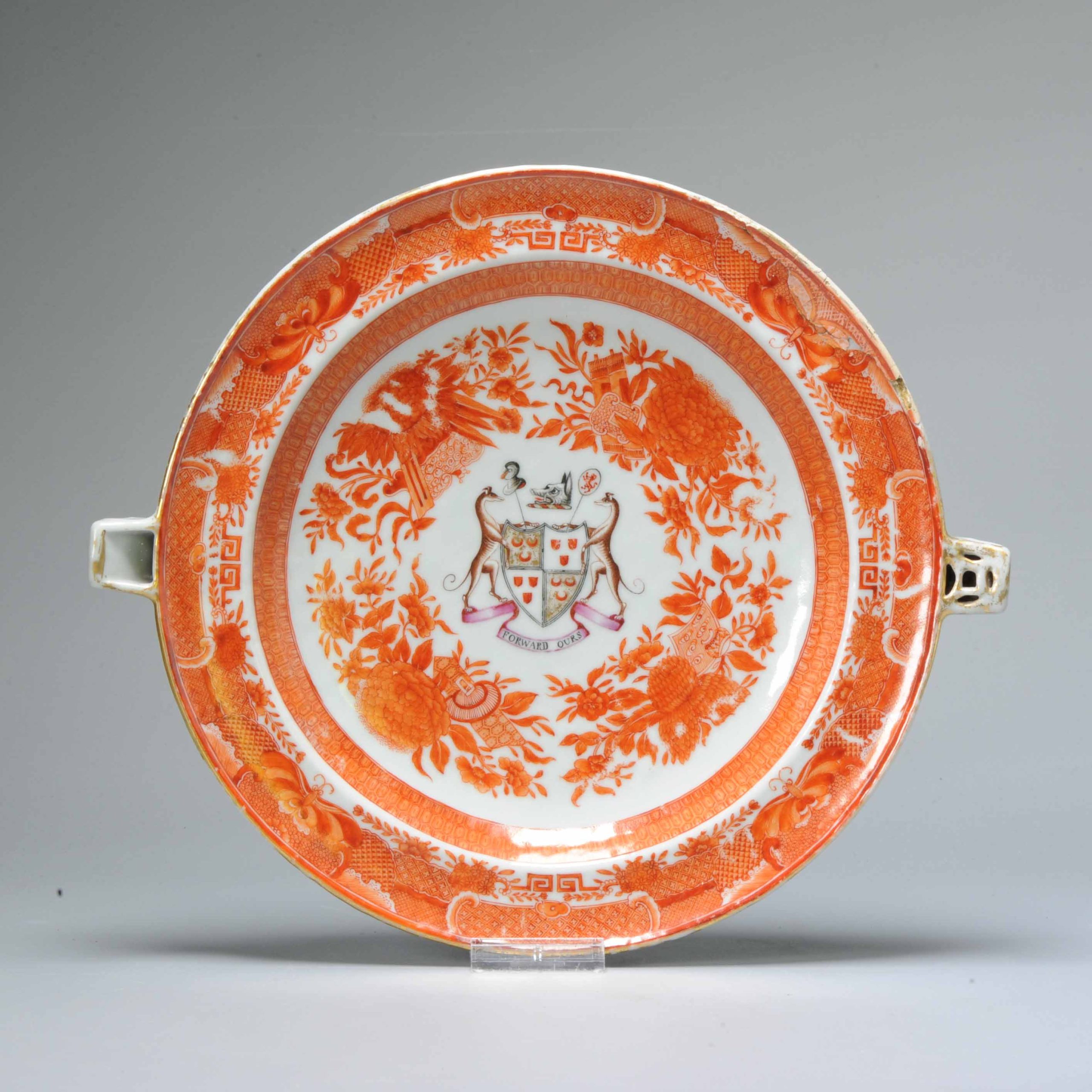 Antique Ca 1800 Chinese Porcelain Blood and Milk Qianlong Hot Water Plate with Armorial