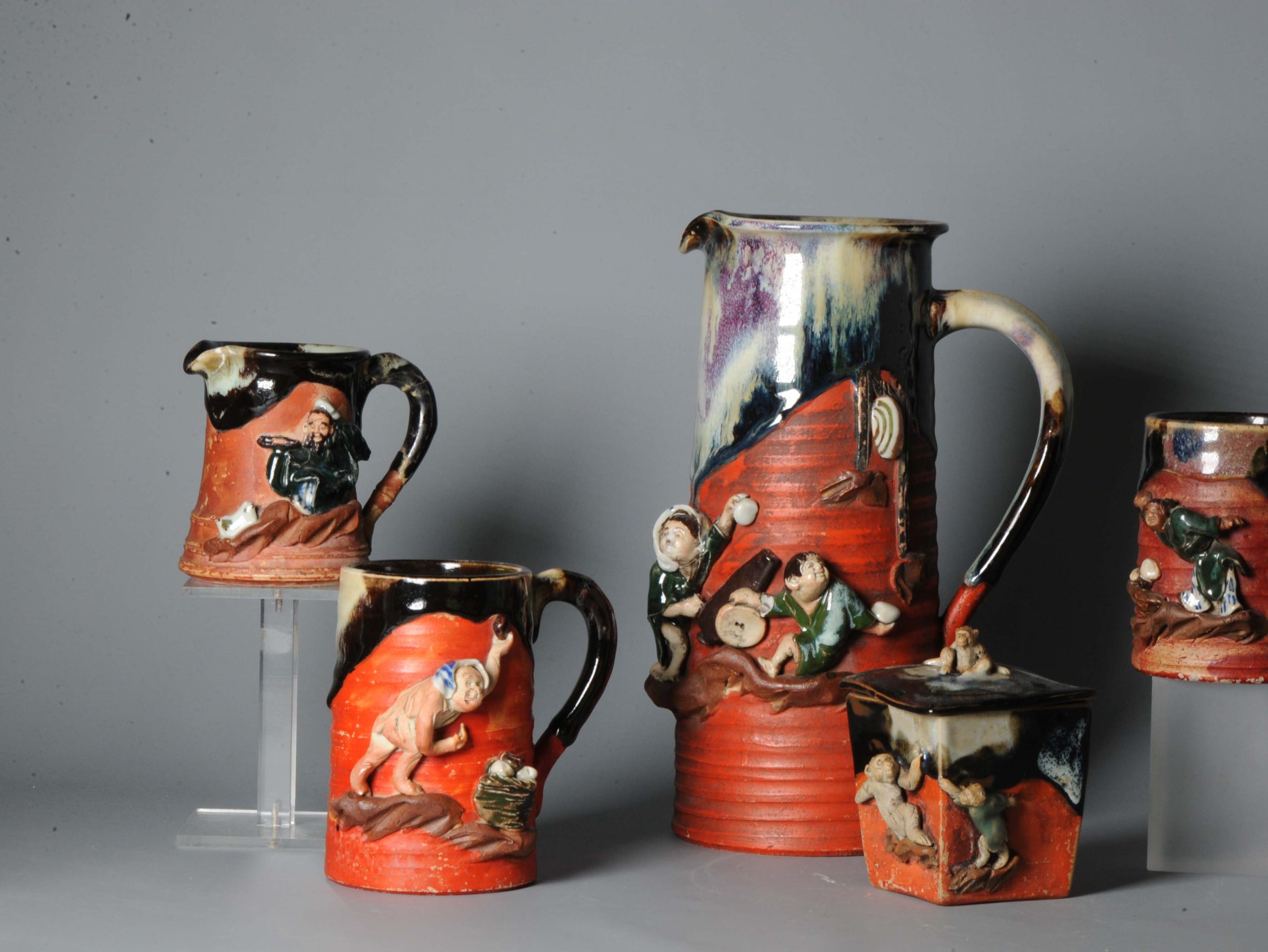 Antique Early 20th C Japanese Sumida Gawa pottery Tea Set Monkeys Figures