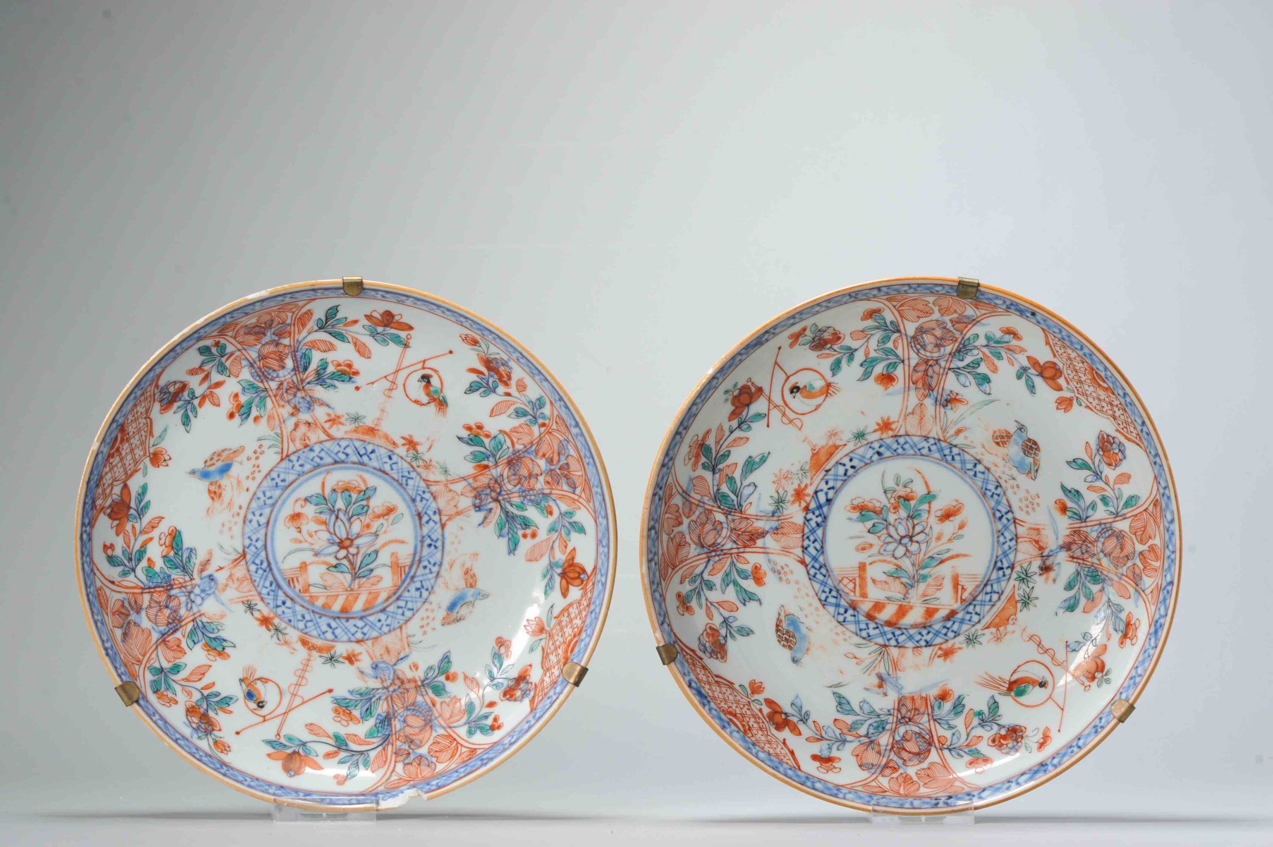 Antique 18th C Amsterdam Bont Porcelain Plates Chinese Polychrome PARROTS