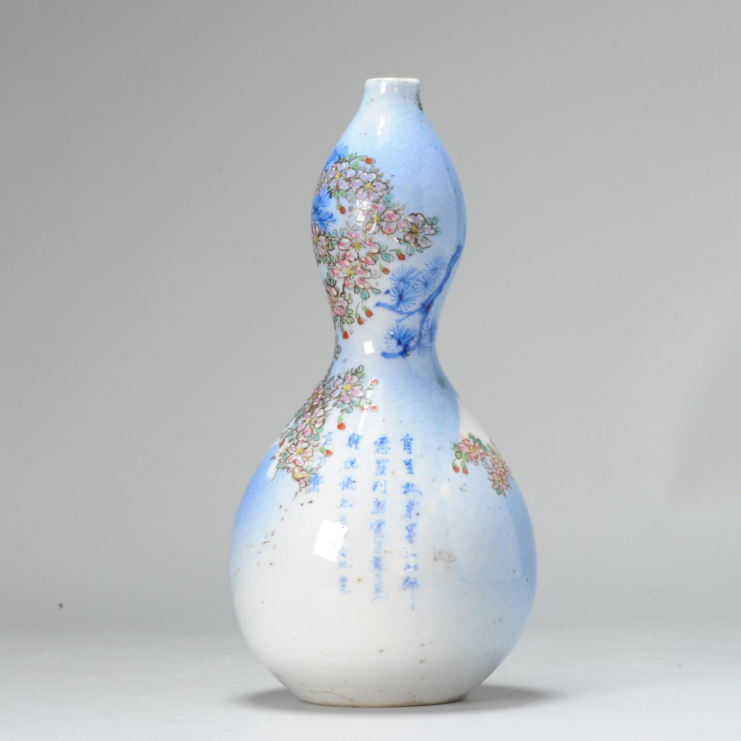 Antique Meiji period Japanese Double Gourd Vase 19th century Blue White Enamel