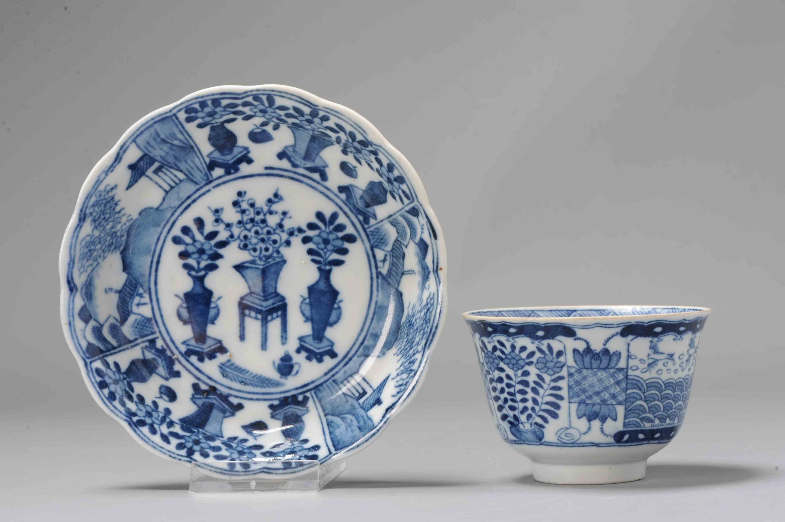 19C Kangxi Revival Chinese porcelain Tea bowl & dish Parsley Kangxi Marked