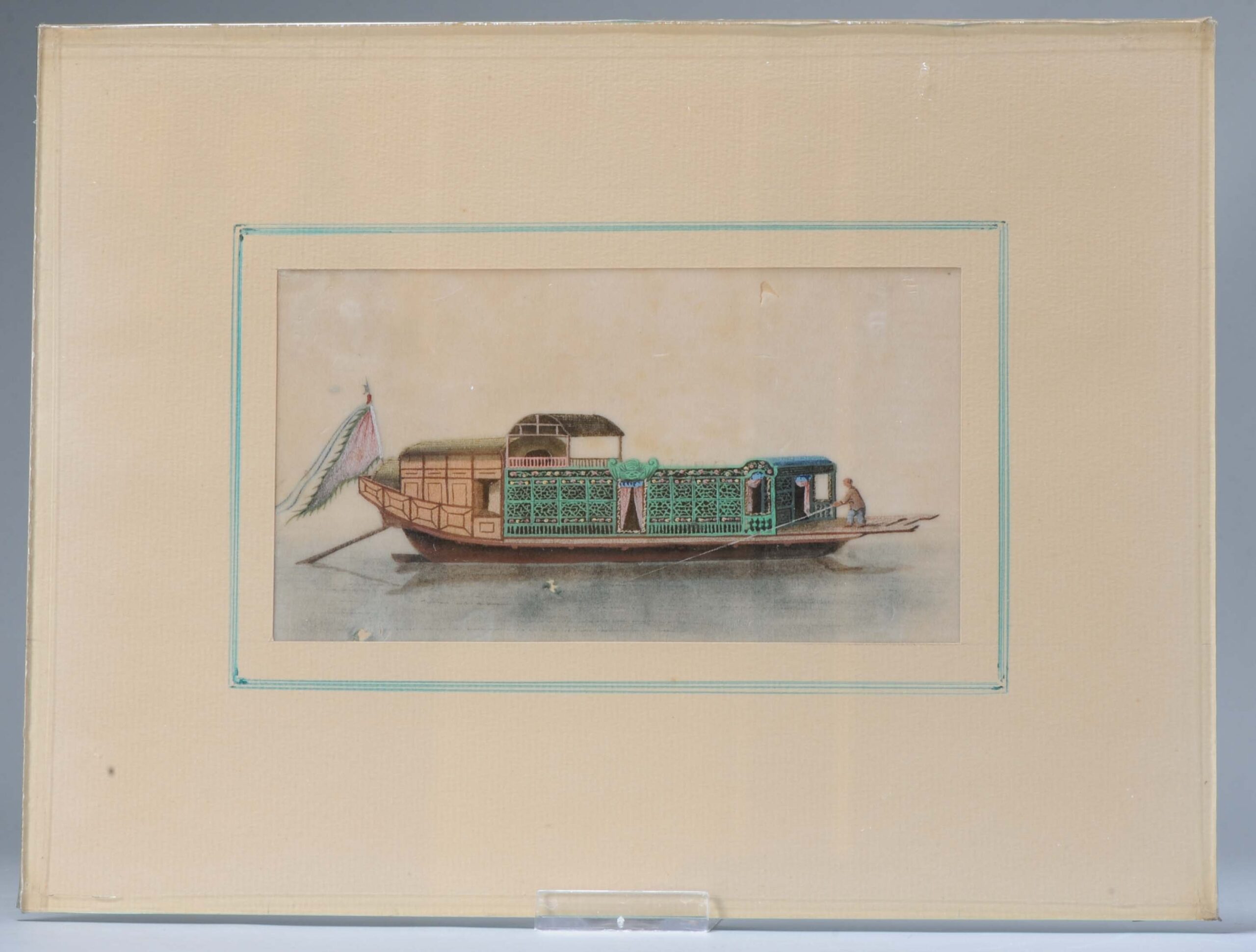 Antique 19th c Chinese Rice Pit painting of a Boat. Top quality. Canton