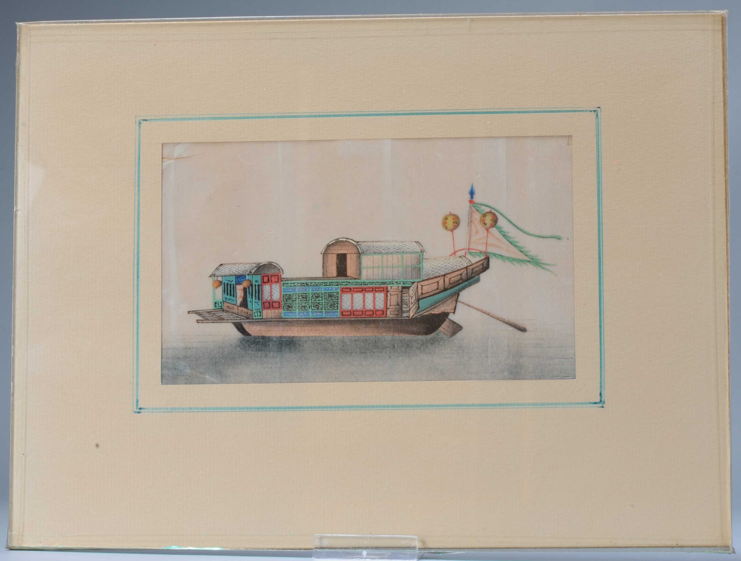 Antique 19th c Chinese Rice Pit painting of a Boat. Top quality. Canton