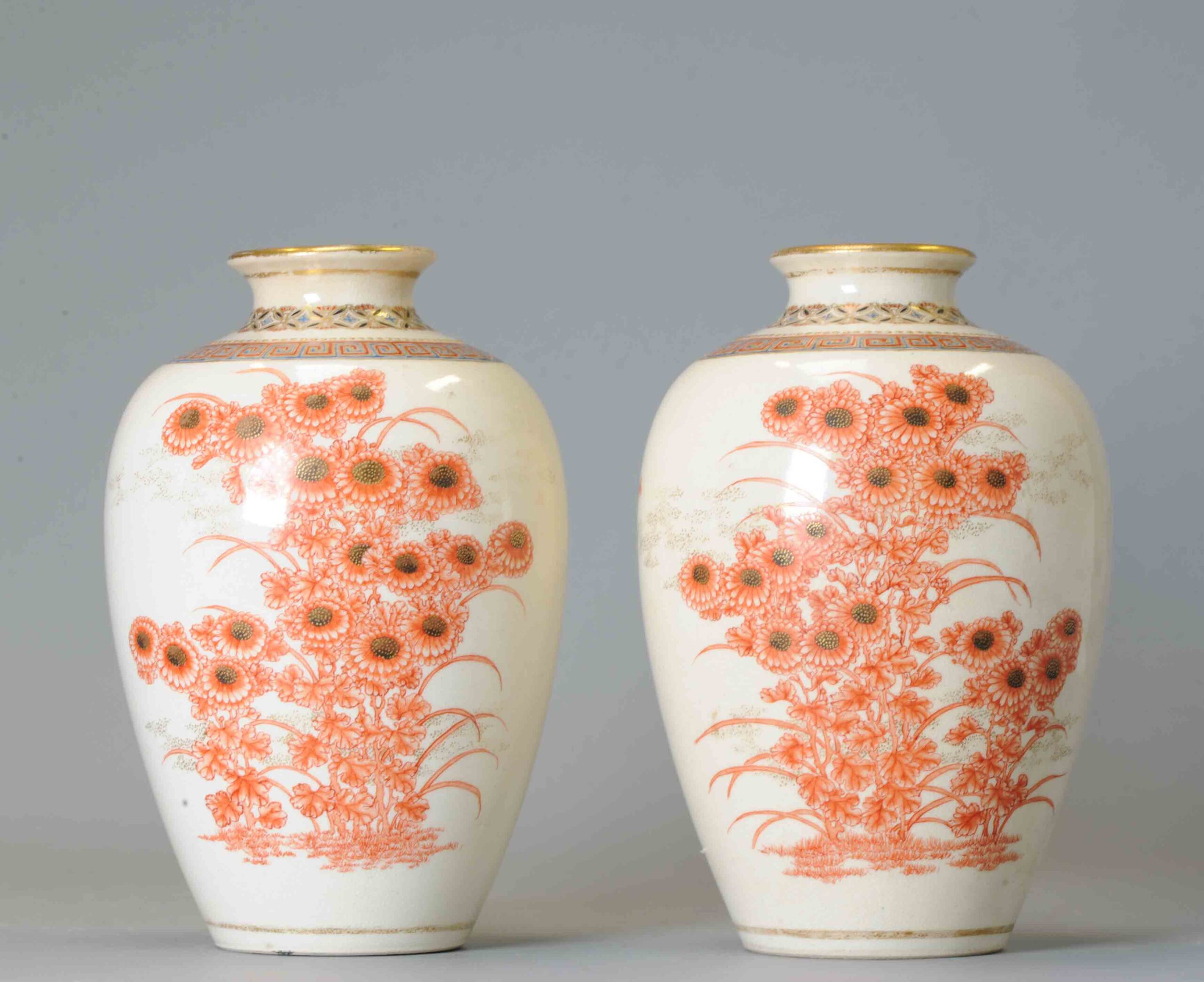 Pair  Antique Meiji Japanese Satsuma Vases 19C Japan with Red FLowers. Rare!