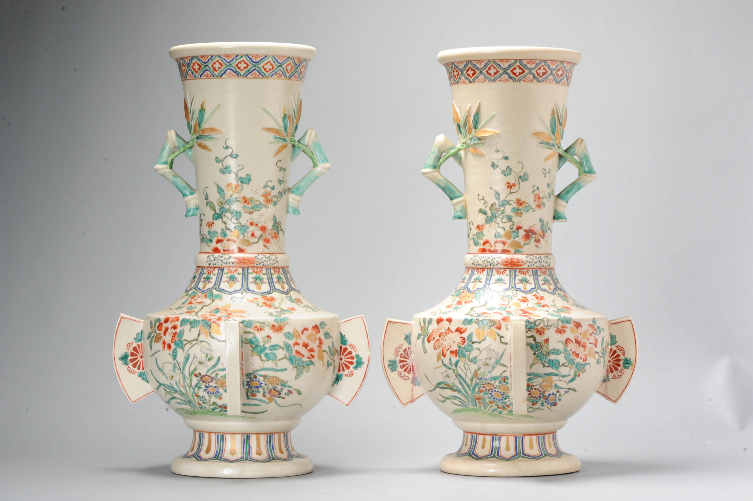 Pair Antique Meiji Japanese Satsuma Vases 19C Japan Flowers and Bamboo