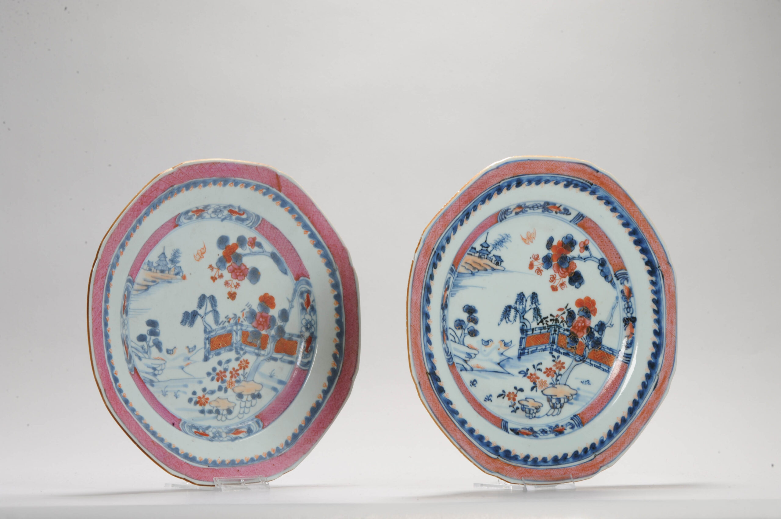 Pair Antique 18th C Chinese Porcelain Famille Rose Flower Octagonal Dishes